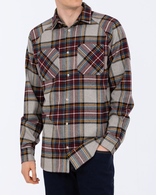 2t Bradley Tall Relaxed Fit Raglan Checked Shirt (grey/burgundy)