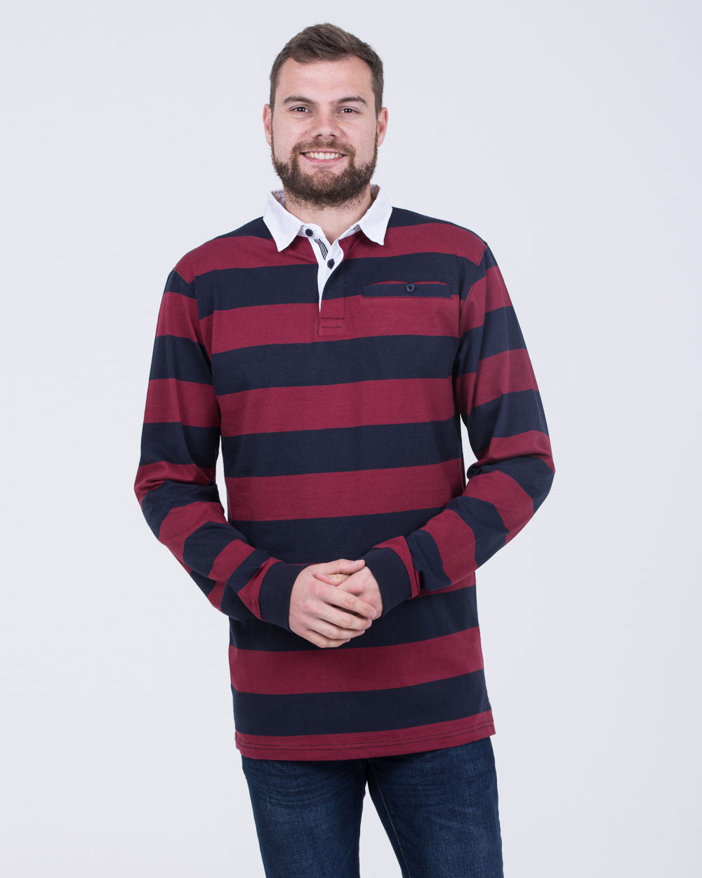 2t Regular Fit Tall Long Sleeve Rugby Polo Shirt (navy stripe)