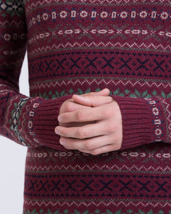 2t Lambswool Fairisle Crew Neck Tall Jumper (wine)