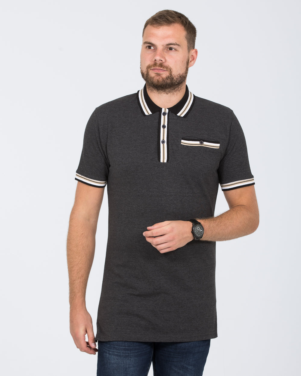 2t Slim Fit Pique Tipped Polo Shirt (charcoal)
