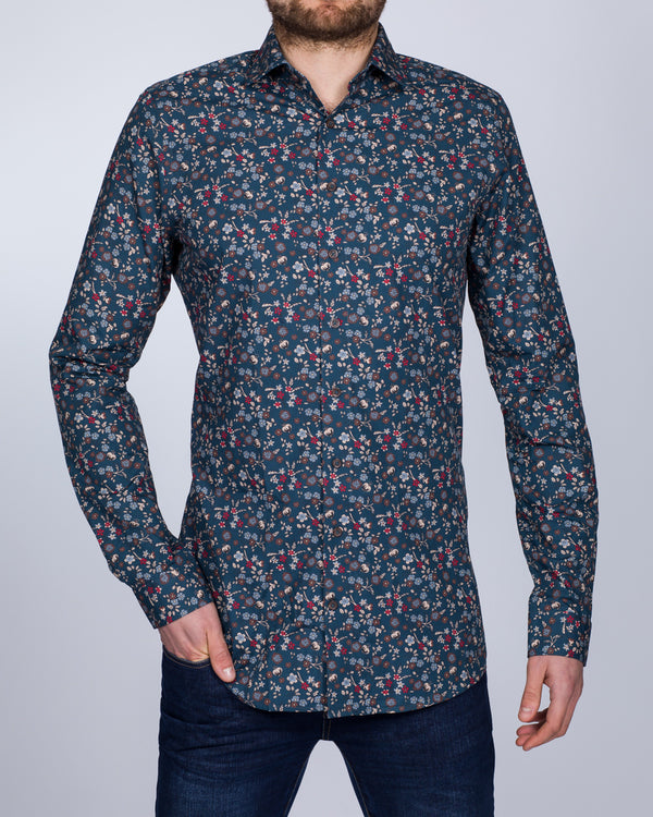 2t Slim Fit Long Sleeve Tall Floral Shirt (teal)