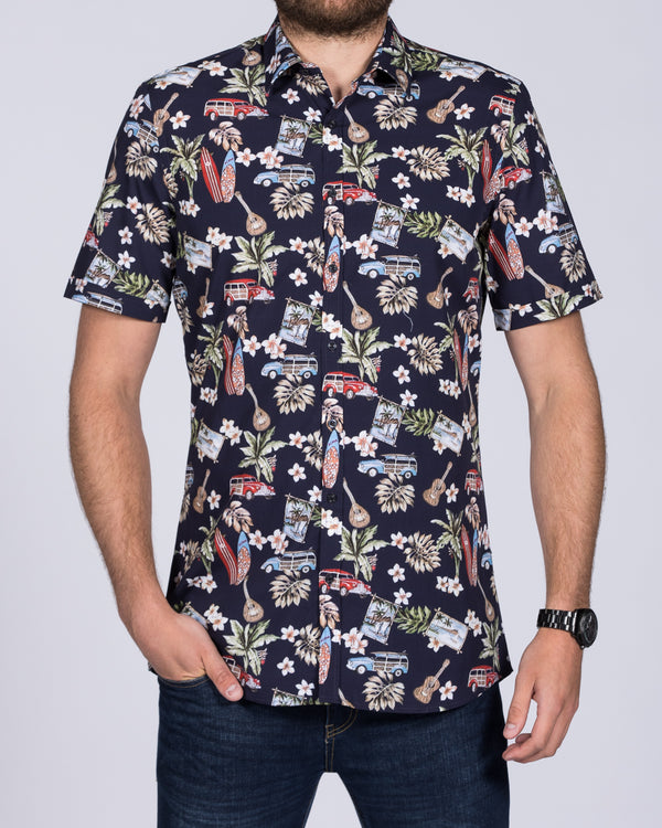 2t Leo Slim Fit Short Sleeve Tall Shirt (navy hawaiian)